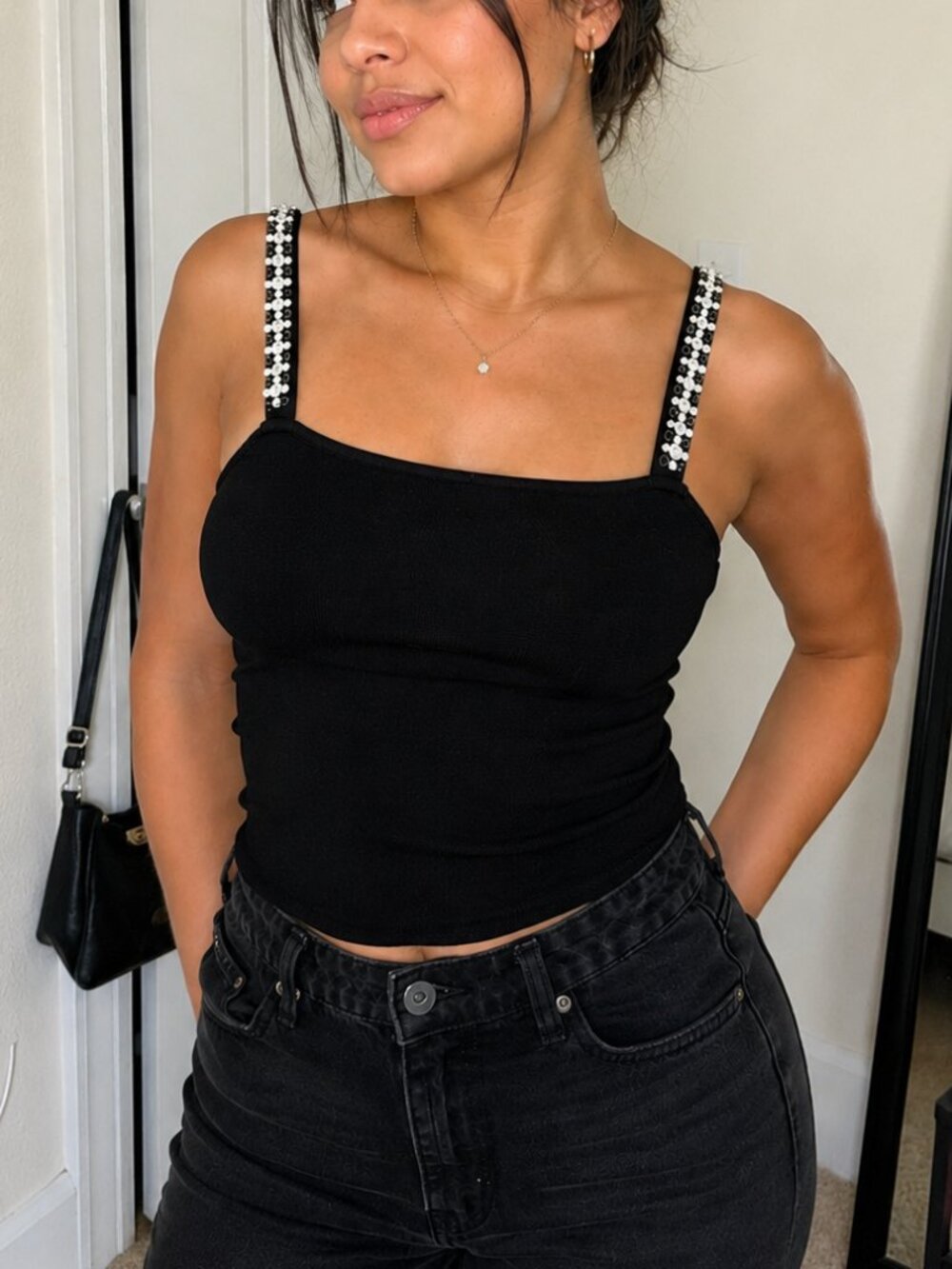 House of Harlow 1960 Black Rhinestone Strap Knit Tank Top Size Large